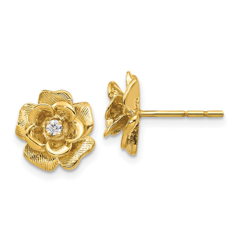 14k Yellow Gold AA Real Diamond Flower Post Earrings