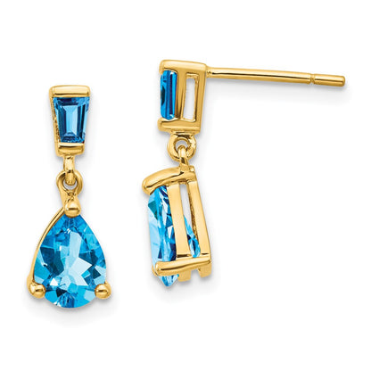 14k Yellow Gold Blue Topaz Dangle Post Earrings