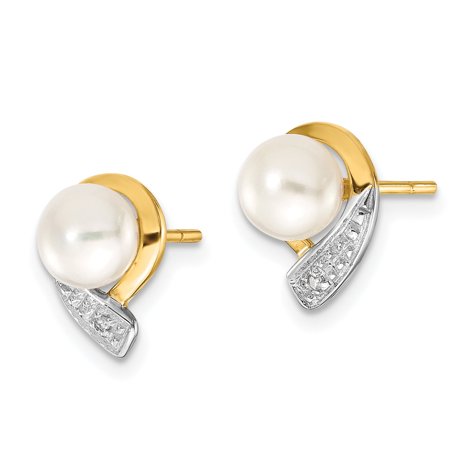 14K Yellow Gold 5 6mm White Button Fwc Pearl .01Ct Diamond Post Earrings