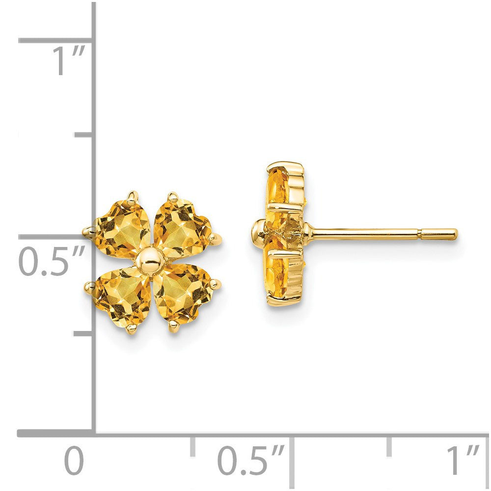 Solid 14k Yellow Gold Heart-shaped Simulated Citrine Flower Post Earrings
