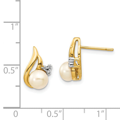 14K Yellow & Rhodium And 5 6mm Button Fwc Pearl .02Ct Diamond Post Earrings