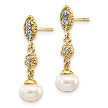 14K Yellow & Rhodium 6 7mm Semi Round Fwc Pearl .02Ct Diamond Earrings