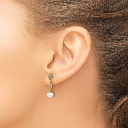 14K Yellow & Rhodium 6 7mm Semi Round Fwc Pearl .02Ct Diamond Earrings