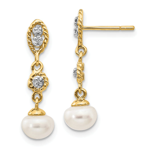 14K Yellow & Rhodium 6 7mm Semi Round Fwc Pearl .02Ct Diamond Earrings