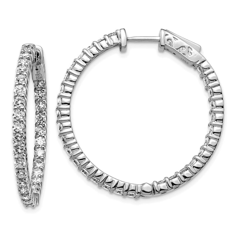 14k White Gold Diamond Round Hoop w/Safety Clasp Earrings