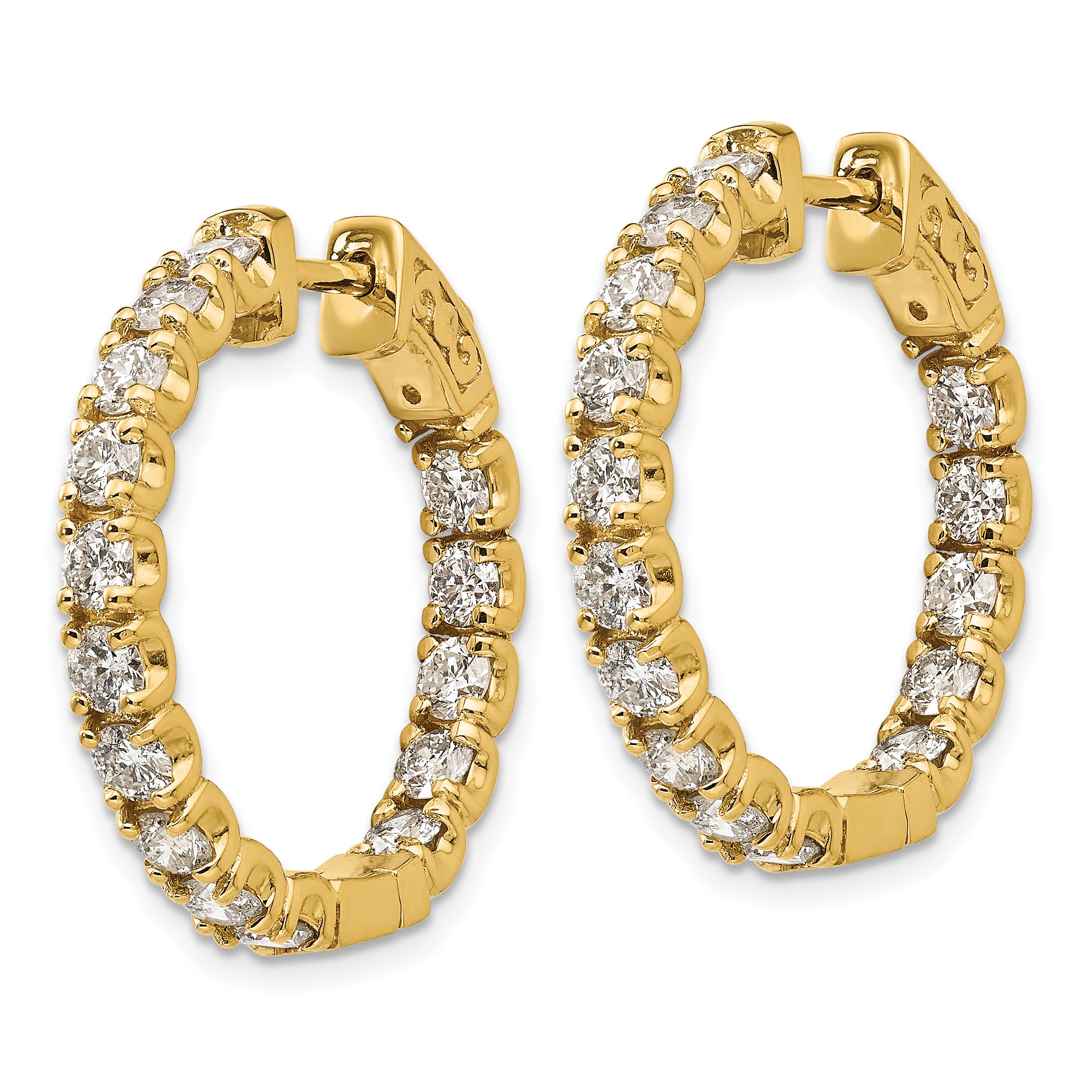 14k Yellow Gold Diamond Round Hoop w/Safety Clasp Earrings
