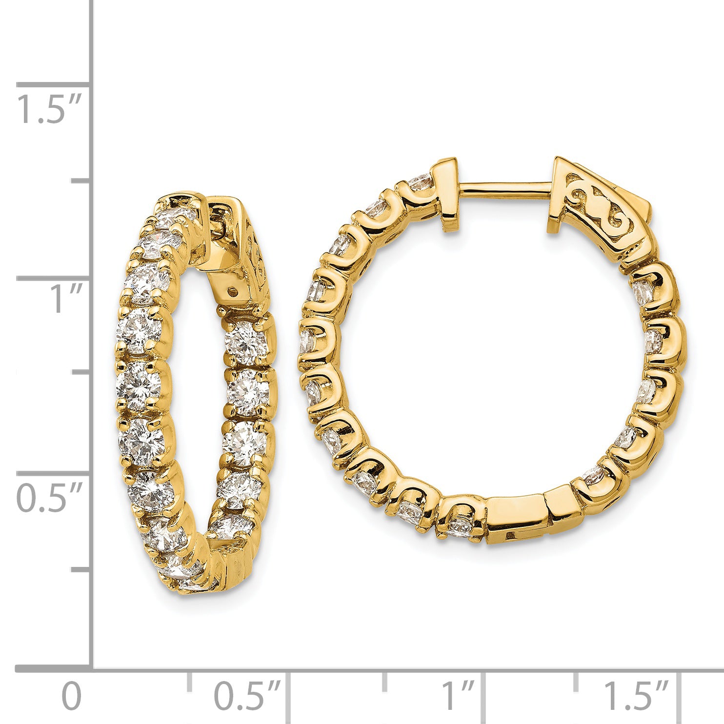 14k Yellow Gold Diamond Round Hoop w/Safety Clasp Earrings