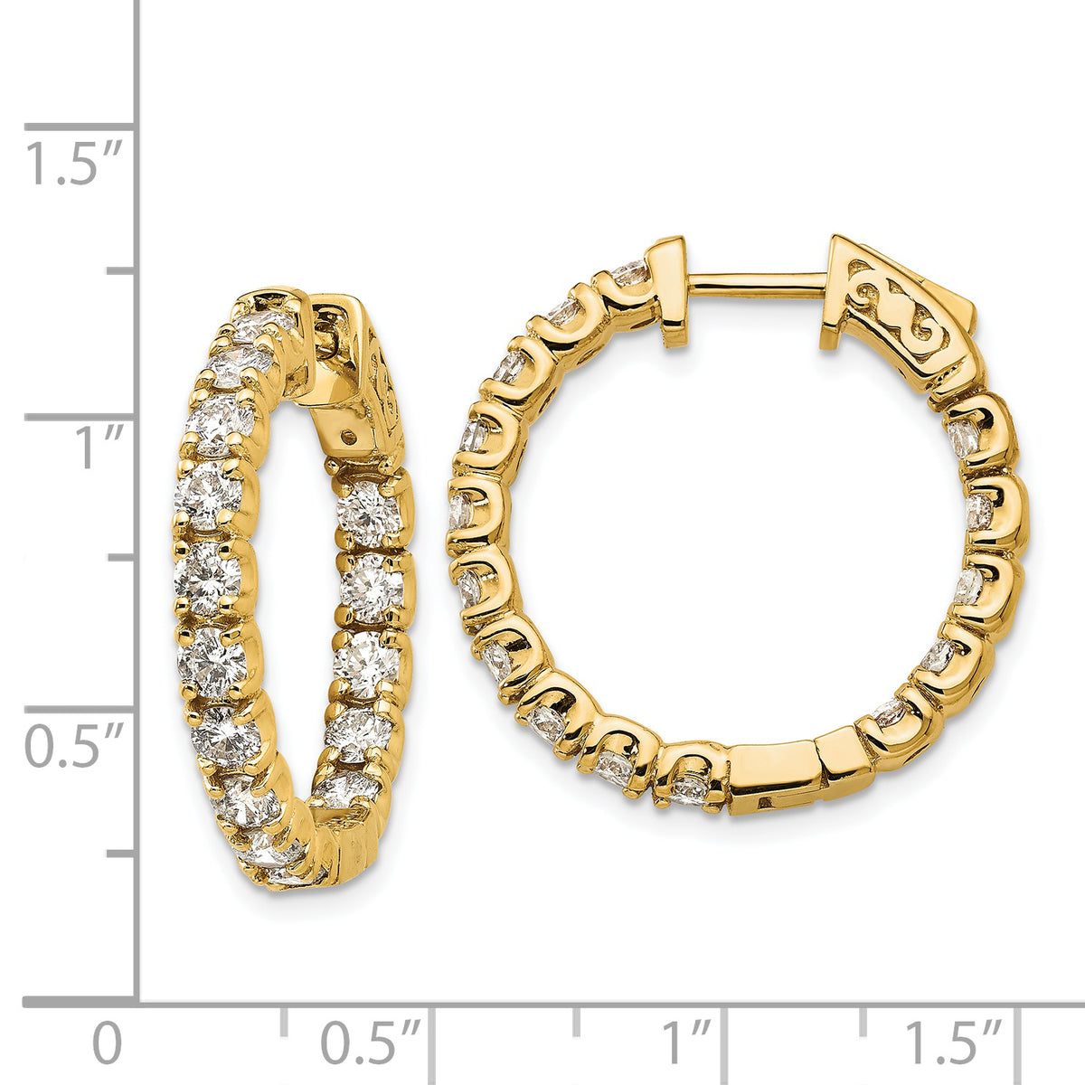 14k Yellow Gold Diamond Round Hoop w/Safety Clasp Earrings