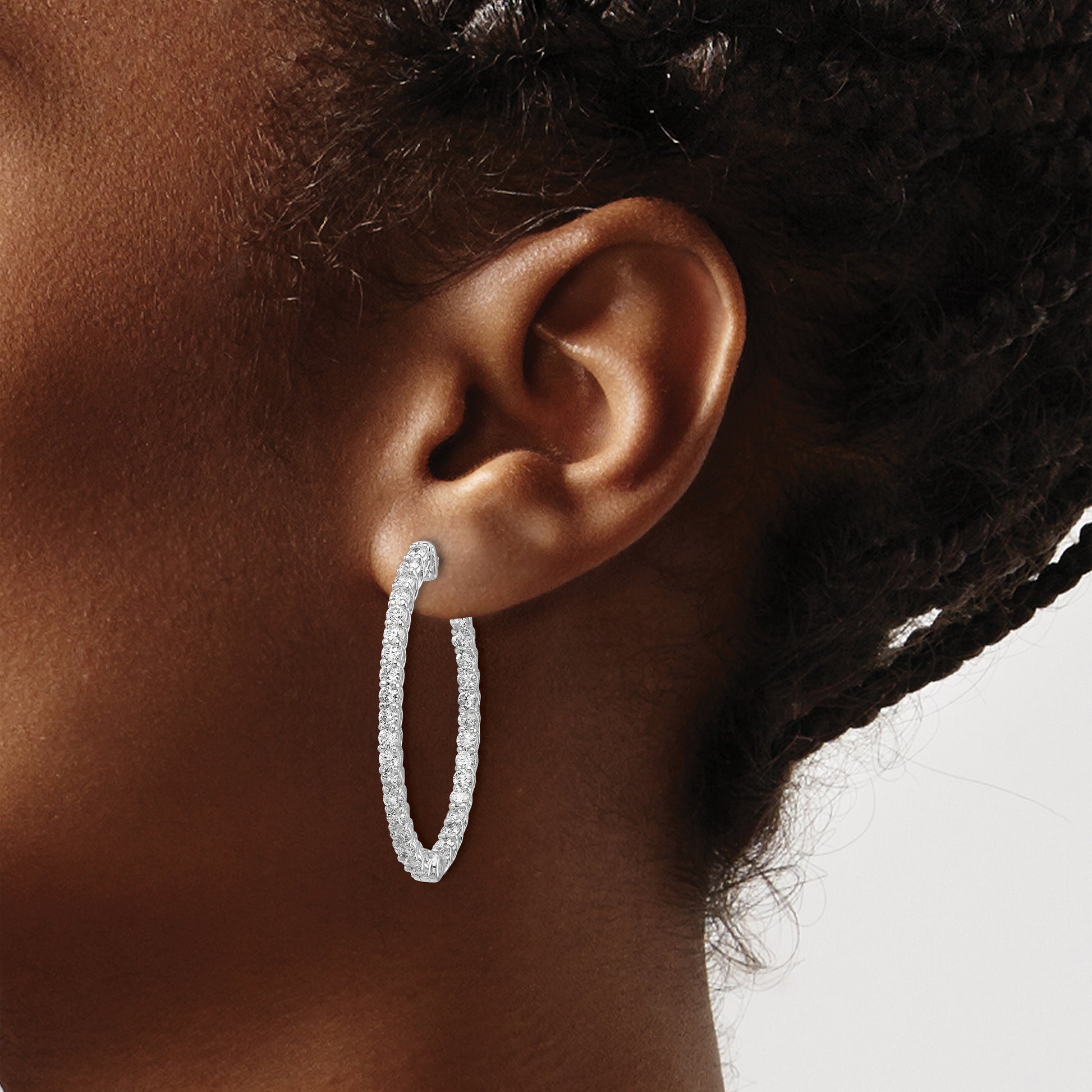 14k White Gold 3 1/3 Ct. Lab Grown Diamond VS/SI+ G+ Oval In and Out Safety Clasp Hoop Earrings