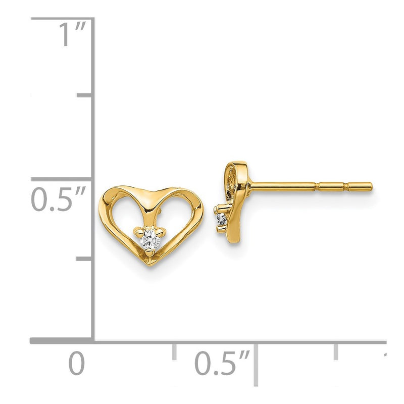 14k Yellow Gold AA Real Diamond Heart Post Earrings
