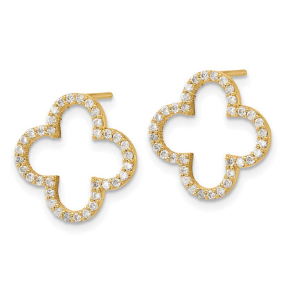 14k Yellow Gold Real Diamond Quatrefoil Design Post Earrings
