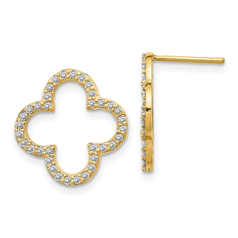 14k Yellow Gold Real Diamond Quatrefoil Design Post Earrings
