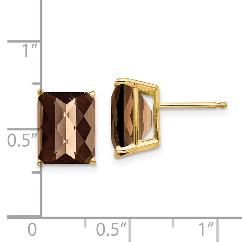 14k Yellow Gold 10x8 Octagon Checker-Cut Smok Yellow Gold Quartz Earrings