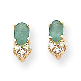14k Yellow Gold 6x4mm Oval Emerald & AAA Real Diamond Earrings