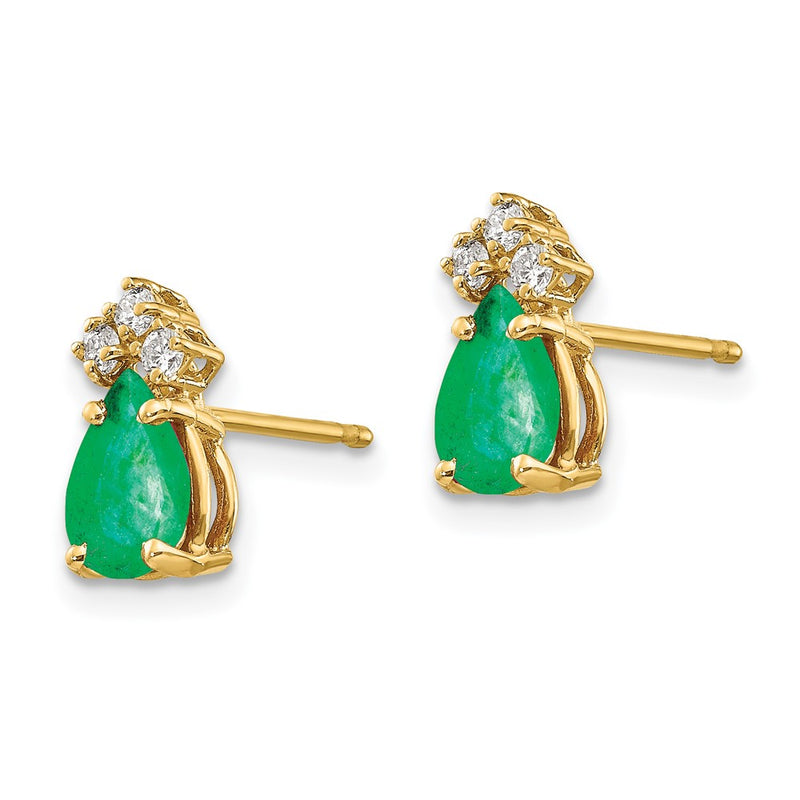 14k Yellow Gold 7x5mm Pear Emerald & AAA Real Diamond Earrings