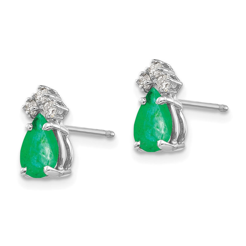 14k White Gold 7x5mm Pear Emerald & AAA Real Diamond Earrings