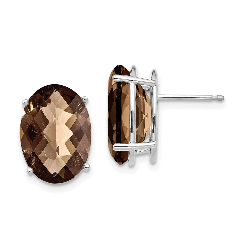 14k White Gold Oval 4-Prong 14 x 10mm Checker-Cut Smok Yellow Gold Quartz Earrings