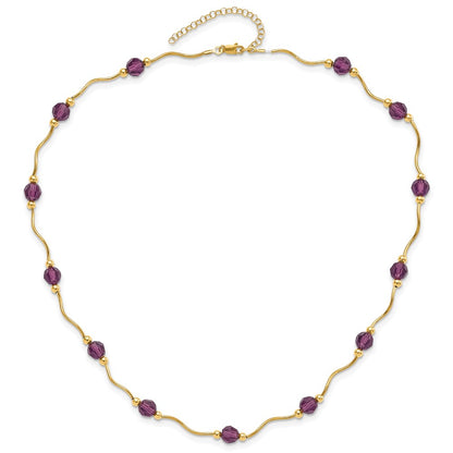 14K Yellow Gold Purple Crystal Bead W/ 2 In Extension Necklace