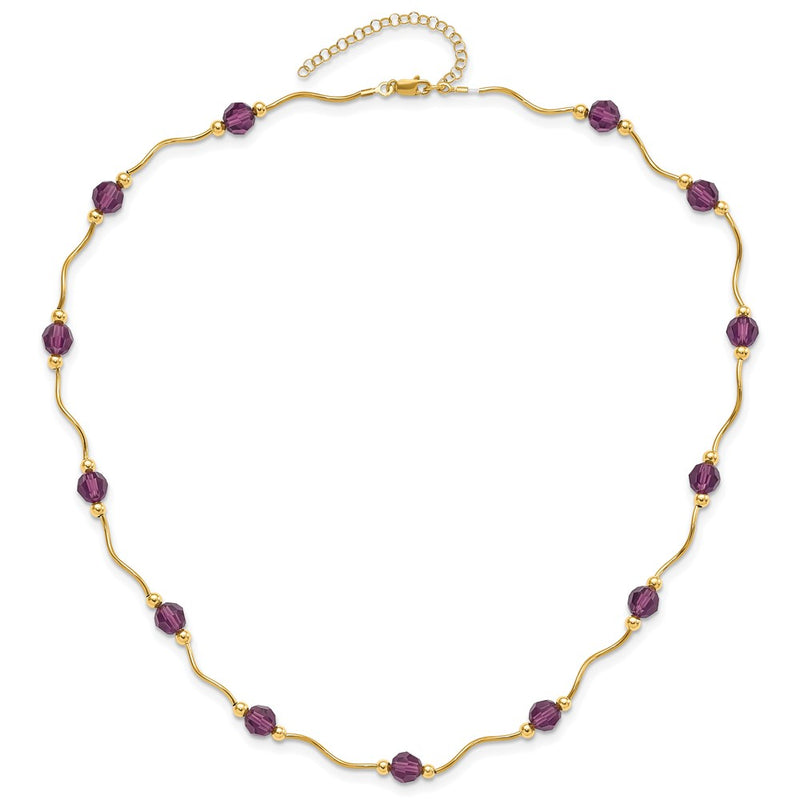 14K Yellow Gold Purple Crystal Bead W/ 2 In Extension Necklace