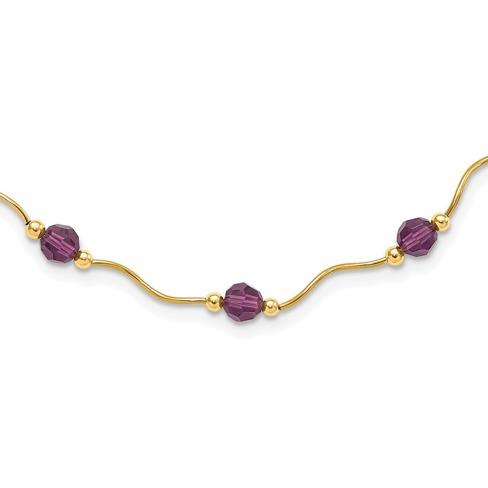 14K Yellow Gold Purple Crystal Bead W/ 2 In Extension Necklace