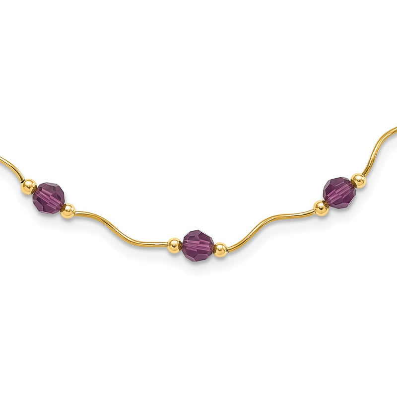 14K Yellow Gold Purple Crystal Bead W/ 2 In Extension Necklace