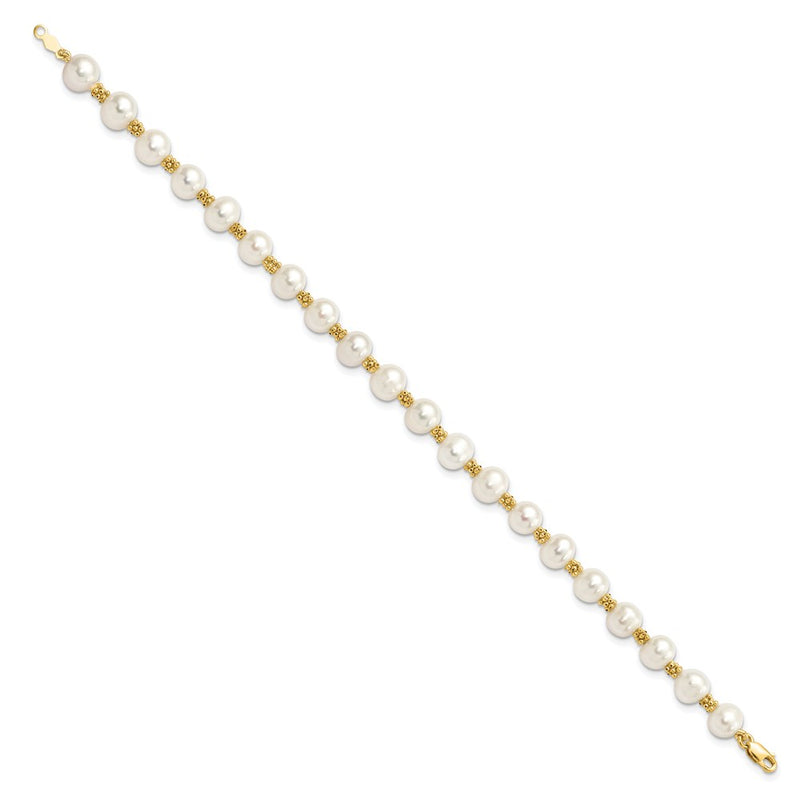 14K Yellow Gold 6 7mm White Round Freshwater Cultured Pearl 7.25 Inch Bracelet
