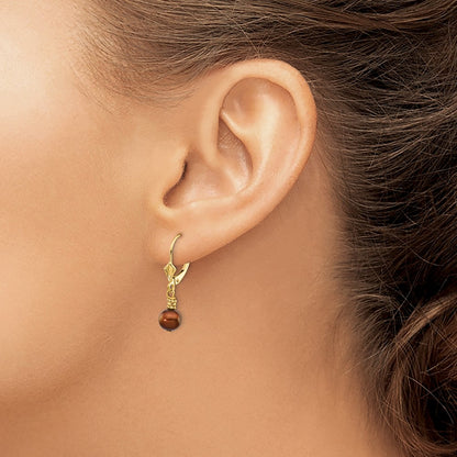14K Yellow Gold 5 6mm Brown Semi Round Freshwater Cultured Pearl Dangle Leverback Earrings