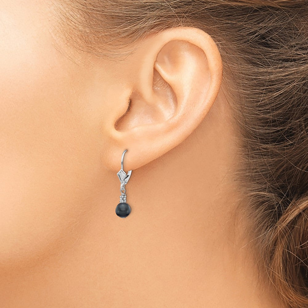 14K White Gold 5 6mm Black Semi Round Freshwater Cultured Pearl Dangle Leverback Earrings