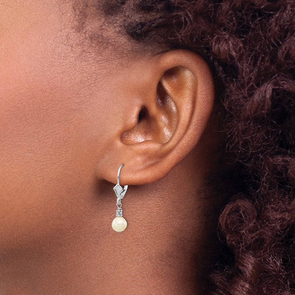 14K White Gold 5 6mm Semi Round Freshwater Cultured Pearl Dangle Leverback Earrings