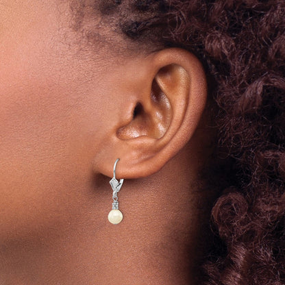 14K White Gold 5 6mm Semi Round Freshwater Cultured Pearl Dangle Leverback Earrings