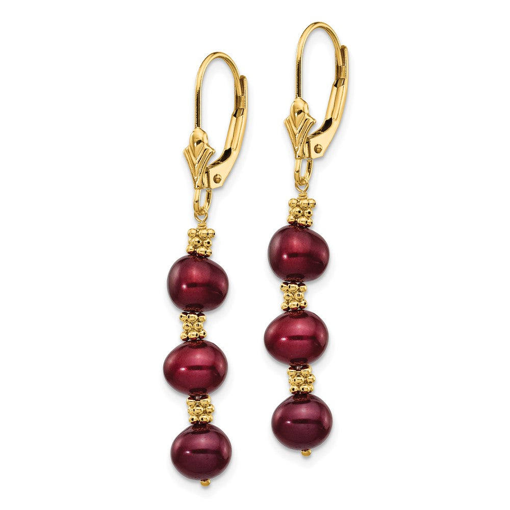14K Yellow Gold 5 6mm Brown Semi Round Freshwater Cultured Pearl Dangle Leverback Earrings