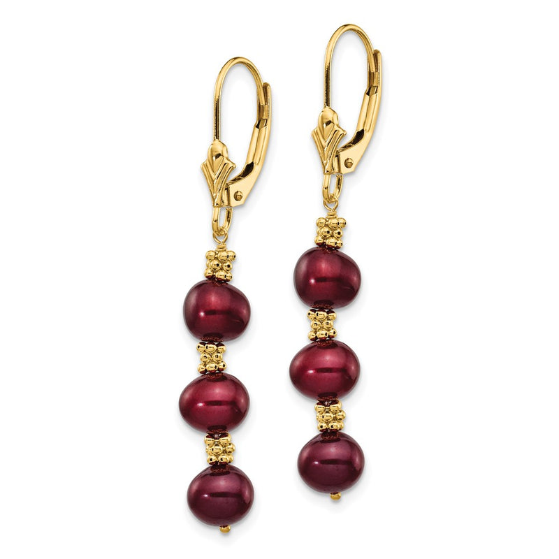 14K Yellow Gold 5 6mm Brown Semi Round Freshwater Cultured Pearl Dangle Leverback Earrings