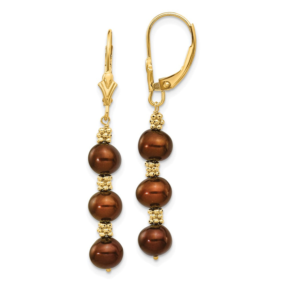 14K Yellow Gold 5 6mm Brown Semi Round Freshwater Cultured Pearl Dangle Leverback Earrings