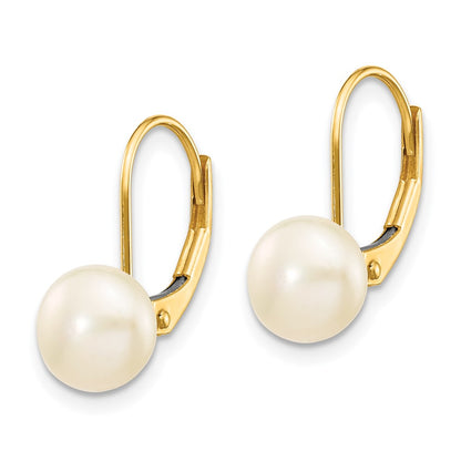 14K Yellow Gold 7 8mm White Button Freshwater Cultured Pearl Leverback Earrings