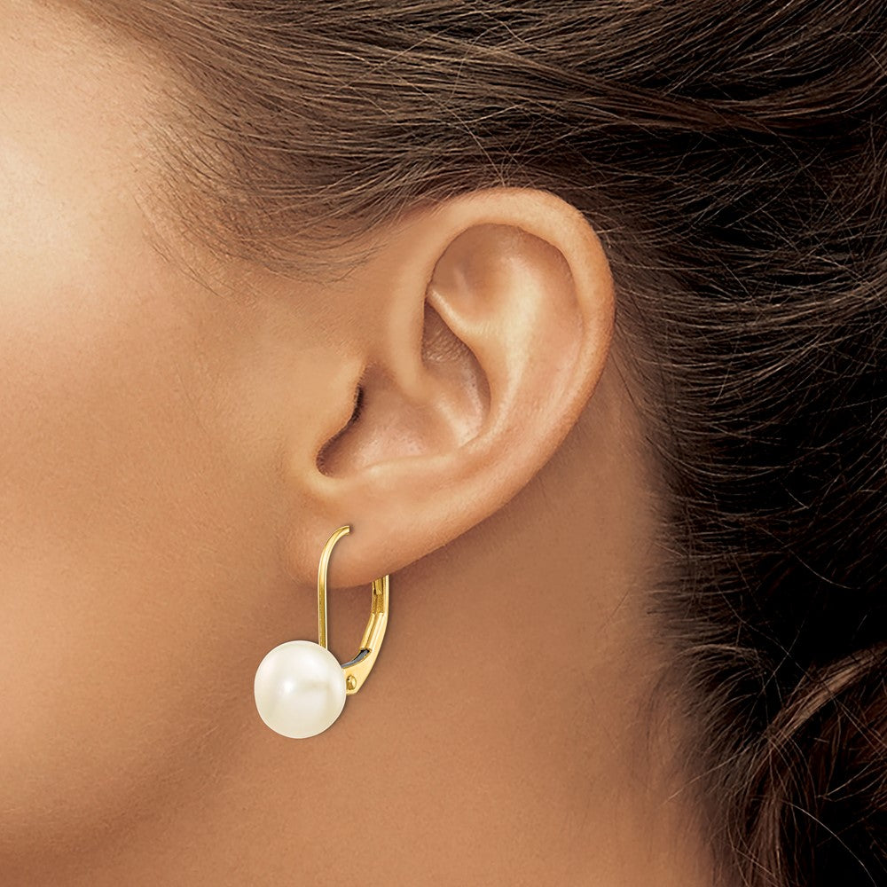 14K Yellow Gold 7 8mm White Button Freshwater Cultured Pearl Leverback Earrings