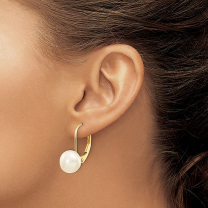 14K Yellow Gold 7 8mm White Button Freshwater Cultured Pearl Leverback Earrings