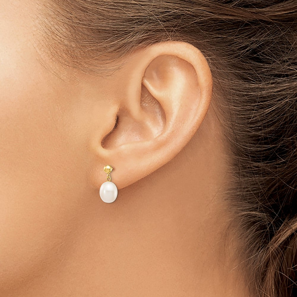 14K Yellow Gold 8 9mm White Rice Freshwater Cultured Pearl Post Dangle Earrings