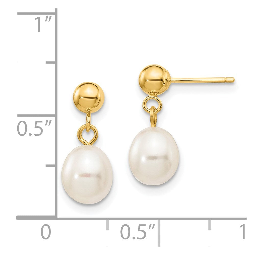 14K Yellow Gold 6 7mm White Rice Freshwater Cultured Pearl Post Dangle Earrings