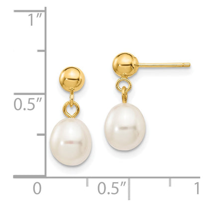 14K Yellow Gold 6 7mm White Rice Freshwater Cultured Pearl Post Dangle Earrings