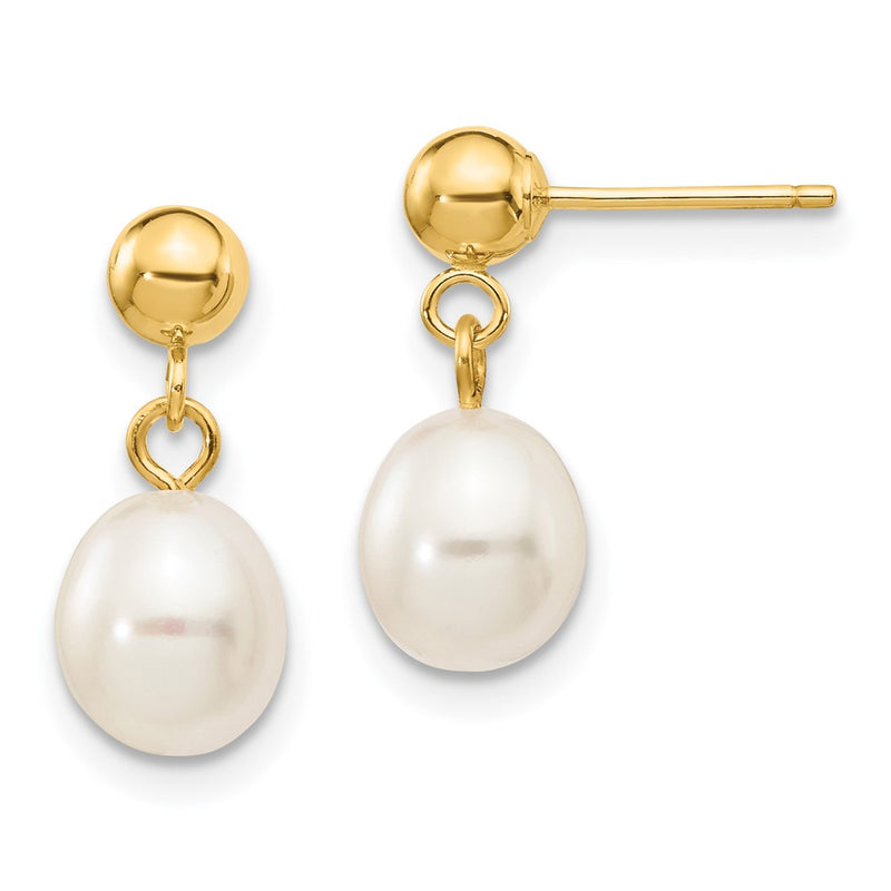 14K Yellow Gold 6 7mm White Rice Freshwater Cultured Pearl Post Dangle Earrings