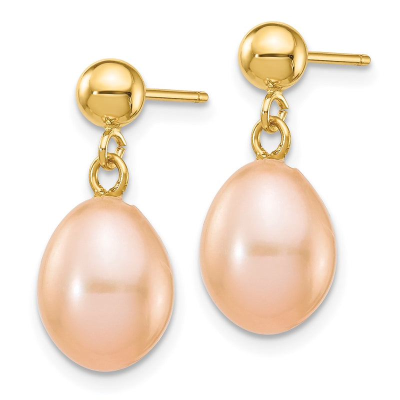 14K Yellow Gold 7 8mm Pink Rice Freshwater Cultured Pearl Post Dangle Earrings