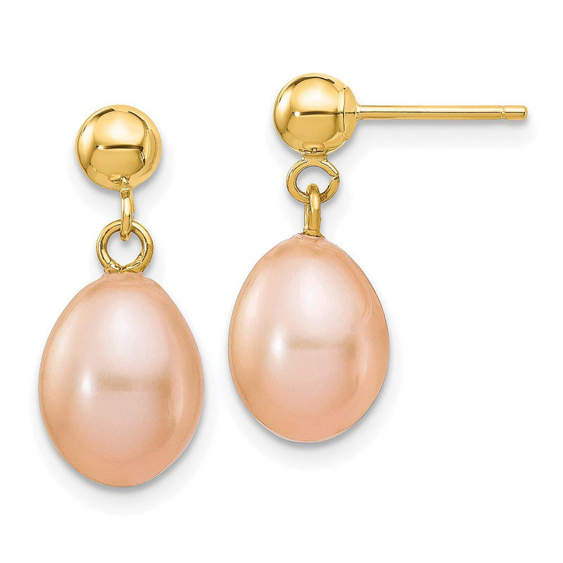 14K Yellow Gold 7 8mm Pink Rice Freshwater Cultured Pearl Post Dangle Earrings