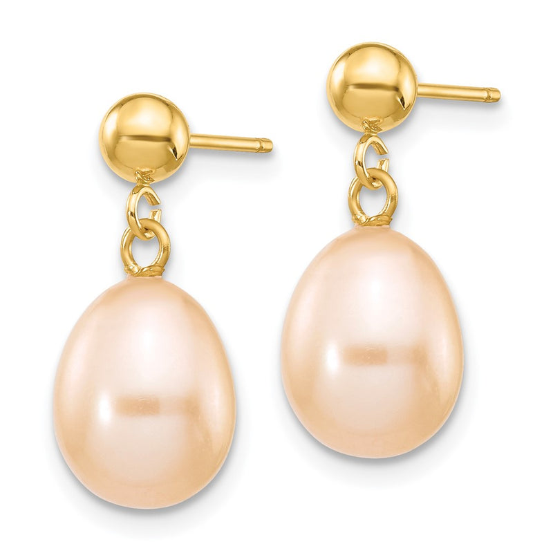 14K Yellow Gold 8 9mm Pink Rice Freshwater Cultured Pearl Post Dangle Earrings