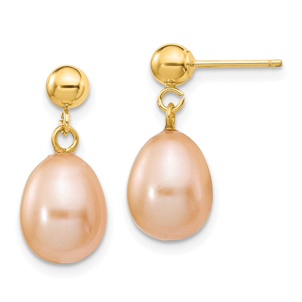 14K Yellow Gold 8 9mm Pink Rice Freshwater Cultured Pearl Post Dangle Earrings