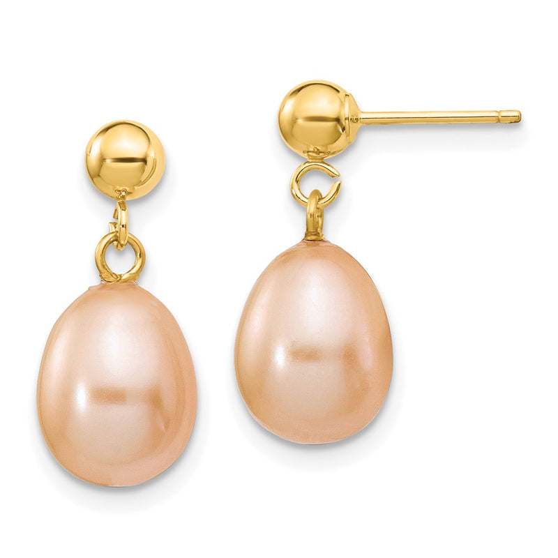 14K Yellow Gold 8 9mm Pink Rice Freshwater Cultured Pearl Post Dangle Earrings