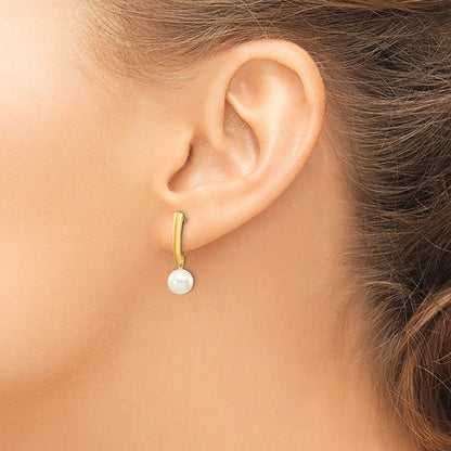 14K Yellow Gold 6 7mm White Round Freshwater Cultured Pearl Post Dangle Earrings