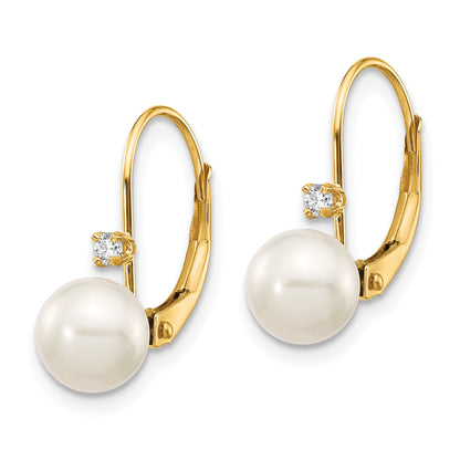 14K Yellow Gold 6 7mm White Round Freshwater Cultured Pearl And .06 Carat Diamond Leverback Earrings