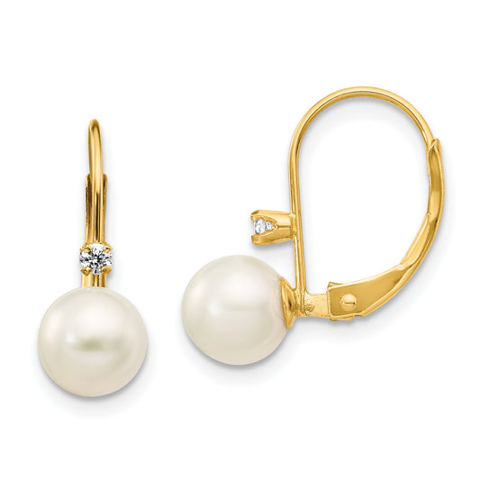 14K Yellow Gold 6 7mm White Round Freshwater Cultured Pearl And .06 Carat Diamond Leverback Earrings