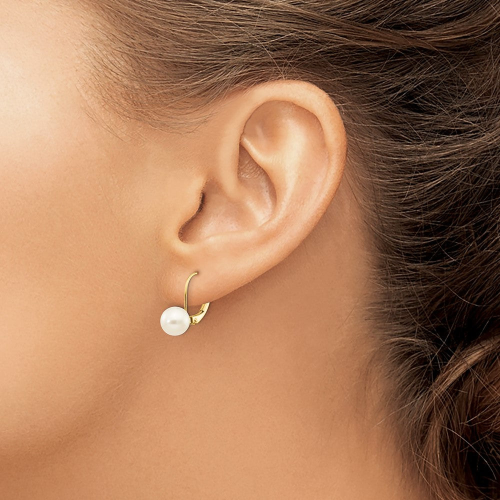 14K Yellow Gold 7 8mm White Round Freshwater Cultured Pearl Leverback Earrings