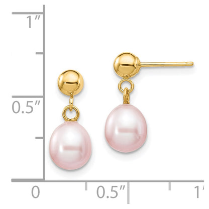 14K Yellow Gold 6 7mm Purple Rice Freshwater Cultured Pearl Post Dangle Earrings